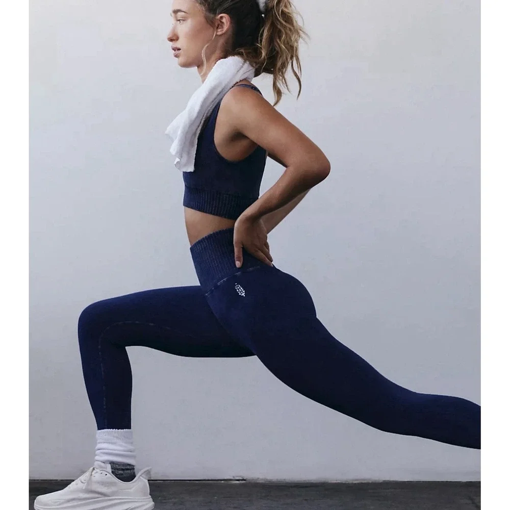 Free People New FP Movement Good Karma Deep Navy Blue Sports Bra Leggings Set